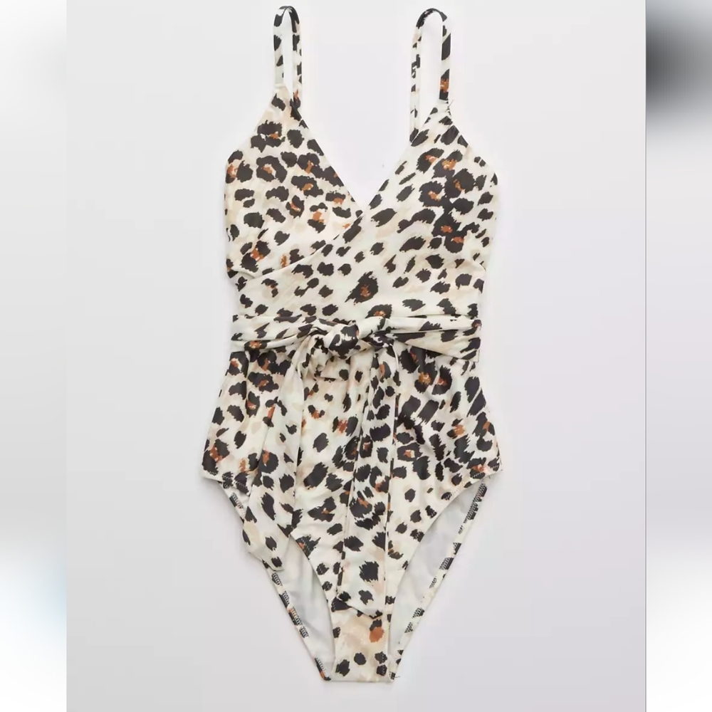 NEW Aerie Leopard Animal Print Wrap One Piece Swimsuit Size Small Long